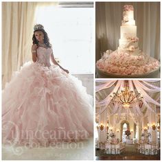 a girl in a pink dress standing next to a wedding cake and chandelier