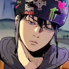 an anime character wearing a baseball cap and looking to the side with his eyes closed