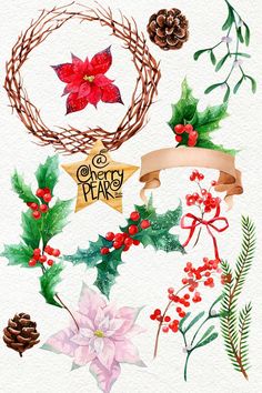 watercolor christmas clipart set with holly, poinsettis and pine cones