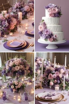 wedding table settings with purple and lavender flowers on the cake, candles in vases