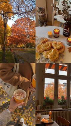 a collage of photos with food, candles and autumn leaves on the ground in front of a window