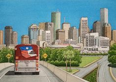 a painting of a bus driving down the road in front of a city skyline with tall buildings