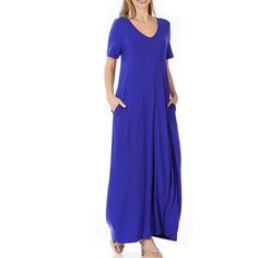 V-Neck Short Sleeve Maxi Dress With Side Pockets Total Body Length: 53, Bust: 32 Approx. - Measured From Small Fabric: Poly Rayon Span Content: 57% Polyester 38% Rayon 5% Spandex Blue V-neck Dress, Blue V-neck Maxi Dress For Spring, Casual Royal Blue Maxi Dress For Spring, Royal Blue Maxi Dress With Short Sleeves, Casual Royal Blue V-neck Dress, Royal Blue V-neck Casual Dress, Fashion Basics, Pocket Maxi Dress, Short Sleeve Maxi Dress