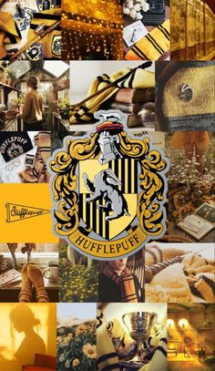 a collage of harry potter images with the hogwarts crest on top and bottom