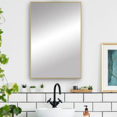 a bathroom sink sitting under a mirror next to a potted plant and framed pictures