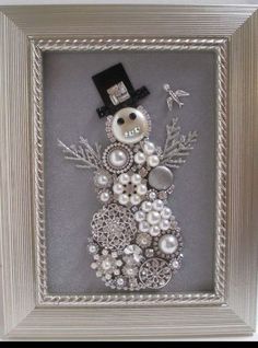 a snowman made out of buttons and pearls in a silver frame with a black top hat