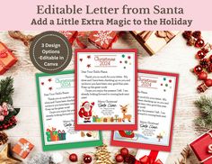 three christmas letter from santa with gifts and presents on the table in front of them