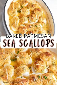 baked parmesan sea scallops in a skillet with text overlay