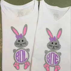 two white shirts with pink and gray bunny ears on them