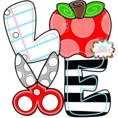 an apple, scissors and the word e is for apples with black and white stripes