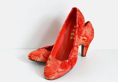 Chinese Wedding Shoes - Lucy Red Lace + Button Traditional Beautiful traditional Chinese wedding shoes with a low heel and frilly lace edge -Gold stitched detail on red satin, frilly lace edge and traditional Chinese button detail  -The fit is slightly wide which makes them super comfortable to wear -Medium heel 3 inches  -Curated by Lovely Wanders FREE UK SHIPPING INTERNATIONAL - Standard postage will take approximately 3-5weeks, so please allow enough time for delivery. We also offer the faste Red Round Toe Court Shoes For Wedding, Red Fitted Wedding Shoes, Fitted Red Wedding Shoes, Red Pointed Toe Court Shoes For Wedding, Red Wedding Heels With Red Sole, Wedding Heels With Red Sole And Closed Toe, Chinese Wedding Shoes, Chinese Button, Traditional Chinese Wedding