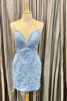 Blue Appliques Straps Bodycon Short Party Dress Blue Bodycon, Mini Party Dress, Short Party Dress, Flower Shorts, Mini Party, Short Homecoming Dress, Sequin Shorts, Long Prom Dress, Evening Dresses Long