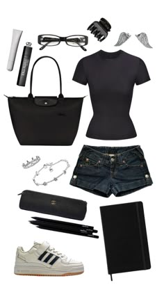 Polyvore Jeans Outfits, Basics Wardrobe Essentials Summer, Black Denim Shorts Outfit, Summer Minimalist Outfit, Fashion Magazine Aesthetic, Style Inspiration Trendy, Collage Outfit, Magazine Aesthetic, Dark Outfit