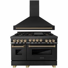 a black stove and oven with gold knobs