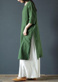 Natural Green Linen Dresses O Neck Side Open Cotton Dress Shabby Chic Outfits, Green Linen Dress, Green Cotton Dress, Shabby Chic Clothes, Linen Tunic Dress, Fashion Design Patterns, Trendy Denim, Outfit Inspo Casual, Linen Tunic