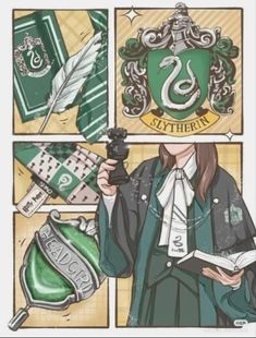 an image of a woman holding a book in front of her face and harry potter's crest