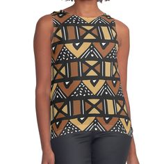 Women's sleeveless tank with vivid edge-to-edge sublimation print on front. Spliced materials for comfort. Front panel made from silky chiffon and solid color black or white jersey back. Sizes available XS- 2XL. African Mud Cloth, Sleeveless Top Designs, White Jersey, Flowy Tank, Mud Cloth, Dress For Sale, Sleeveless Tank, African Print, Color Patterns