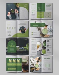 an open brochure with green images on it