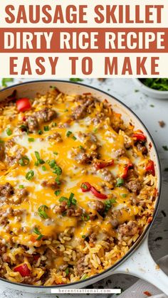 sausage skillet with rice and cheese in a white casserole dish on a table