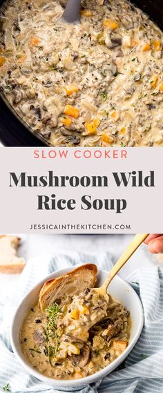 mushroom wild rice soup in a white bowl with a wooden spoon and text overlay that reads slow cooker mushroom wild rice soup