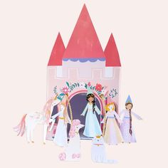 several paper dolls are standing in front of a castle with princesses and unicorns