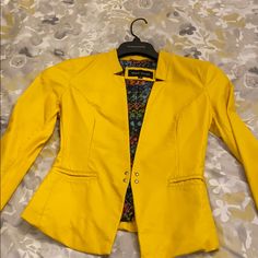 Beautiful Yellow Leather Jacket Floral Pattern On The Inside Casual Fitted Leather Jacket For Office, Fitted Leather Jacket With Long Sleeves For Spring, Trendy Fitted Leather Jacket For Spring, Spring Formal Fitted Leather Jacket, Yellow Spring Office Blazer, Formal Leather Jacket With Long Sleeves For Spring, Fitted Yellow Outerwear For Office, Formal Long Sleeve Leather Jacket For Spring, Elegant Leather Jacket With Pockets For Spring