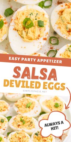 Two image collage of Salsa Deviled Eggs. First image shows up close of a deviled egg. Second image shows them on a plate. Taco Deviled Eggs, Specialty Deviled Eggs, Mexican Deviled Eggs Recipe, Unique Deviled Eggs, Devils Eggs, Mexican Deviled Eggs, Mexican Easter