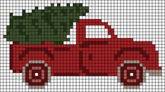 a red truck with a christmas tree on the back is shown in this cross stitch pattern