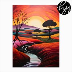 a painting of a sunset with trees and hills in the background, as well as a river running through it