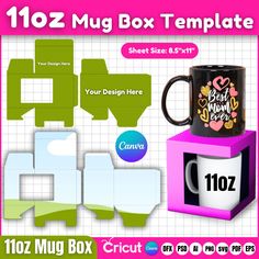 coffee mug box templates for your design with custom texting and images on it