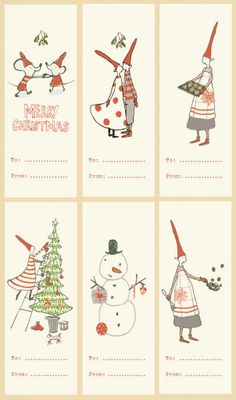 four christmas cards with snowmen and santa hats on them, all in different designs