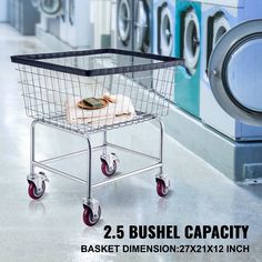 a small metal basket on wheels in front of a washer and dryer with the words 2 5 bushel capacity