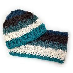 two crocheted hats with text that reads, free patterns and instructions