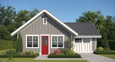 a small house with a red door and two windows in the front yard is shown