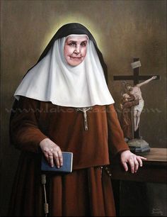 a painting of a nun holding a bible in front of a crucifix