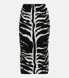 Zebra Printed High Rise Midi Skirt in Multicoloured - Alaia | Mytheresa Zebra Print Skirt, Zebra Pattern, Pencil Skirt White, Knit Midi Skirt, White Zebra, Side Cuts, Printed Midi Skirt, Black Midi Skirt, Knit Midi