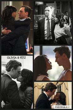 several pictures of people in suits and ties, one is kissing the other two are hugging