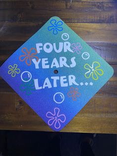 Under sea colorful Four Years Later Graduation Cap, Spongebob Graduation Cap Ideas, Cap Decoration Graduation Spongebob, Spongebob Grad Cap, Anime Grad Cap, Graduation Cap Ideas Funny, Graduation Cap Designs Aesthetic