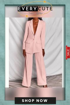 Women's Suits Regular Pocket Coat Formal Fashion Single-breasted Party Pantsuit For Spring, Spring Single-breasted Party Pantsuit, Spring Party Pantsuit Single Breasted, Spring Office Wear Solid Color Pantsuit, Fitted Pink Pantsuit For Fall, Elegant Pink Pantsuit For Fall, Pink Pantsuit For Fall Party, Elegant Pink Set With Pockets, Elegant Pink Sets With Pockets