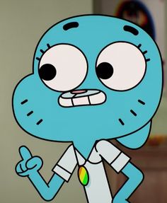 an animated cartoon character holding a finger up in front of his face and pointing to the left