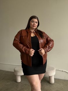 Plus Size PU Leather Shirt Jacket Plus Size Outerwear Brown 1XL -2020AVE Outfit Snap, Leather Shirt Jacket, Luxurious Aesthetic, Apple Shaped, Plus Size Outerwear, Collar Jacket, Leather Shirt, Autumn Fashion Casual, Chunky Knits Sweater