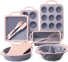 an assortment of kitchen utensils and baking pans