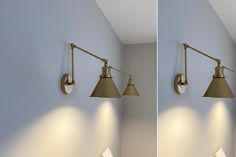 two images of the same light fixture in an empty room, one is turned on