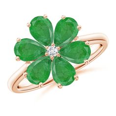 Featuring a classic six-petal design, this flower ring represents the innate beauty of nature. The pear-shaped rich green emeralds are prong set in a floriated pattern with a glittering round diamond accent at the center. This timeless and elegant emerald cocktail ring in 14k rose gold is designed with a polished reverse tapered shank. Emerald Cocktail Ring, Emerald Cocktail, Diamond Flower Ring, Diamond Flower, Flower Ring, Emerald Diamond, Emerald Ring, Cocktail Ring, Cocktail Rings