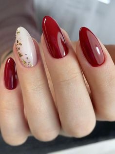 almond-shaped burgundy and milky white nails with gold foils Red And White Nails, Gold Nail Designs, Valentine Nails, Red Nail Designs, Chic Nails, Nail Arts