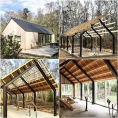 four different views of the inside of a house with wood framing and metal roofing