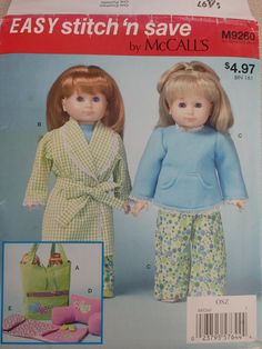 the sewing pattern for this doll's pajamas is easy to sew and has two variations