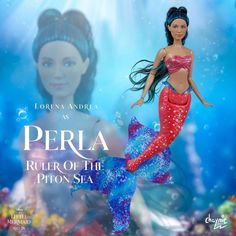 a mermaid doll is posed in front of a poster for the film perla ruler of the piton sea