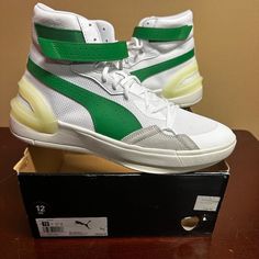 Puma Mens White Green Sky Modern 194042-02 High Top Basketball Shoes Size Us 12 Brand: Puma Department: Men Size: 12 Color: White Green Type: Athletic Style: Sneaker Style Code: 194042-02 Pattern: Solid Theme: Sports Shoe Shaft Style: High Top Closure: Lace Up Features: Comfort, Adjustable Occasion: Activewear Seasons: All Season Condition: New With Box I Offer Discounts For All Return Customers. - Jvs White High-top Sneakers With Puma Logo For Sneakerhead Events, Green Leather Puma Sneakers, White Casual High-top Puma Sneakers, Casual White High-top Sneakers With Puma Logo, Casual White High-top Puma Sneakers, White Low-top Basketball Shoes With Puma Logo, White Low-top Puma Basketball Shoes, White Puma Basketball Shoes For Streetwear, White Puma High-top Sneakers