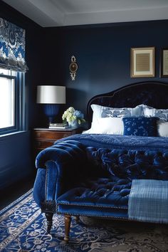 25 Blue Bedroom Ideas Bedroom With Blue Nightstands, Dark Blue Furniture Bedroom, Sapphire Blue Bedroom, Navy Blue Bedding Romantic, Navy Gothic Bedroom, Blue Bed Decor, Queens Bedroom, Blue Velvet Bed, Modern Blue Bedroom